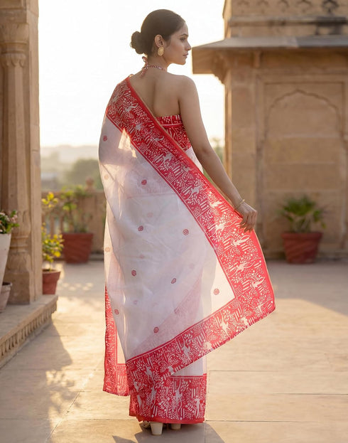Vasthrlay Womens Printed Unstitched Off White Saree