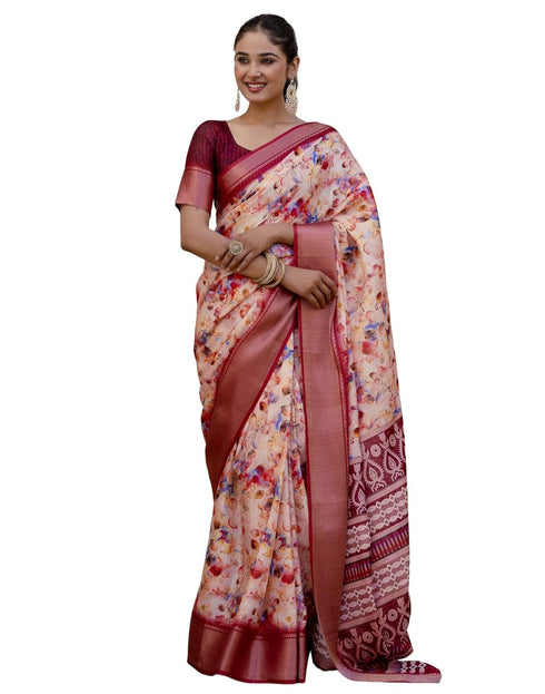Vasthrlay Womens Printed Unstitched Beige Saree