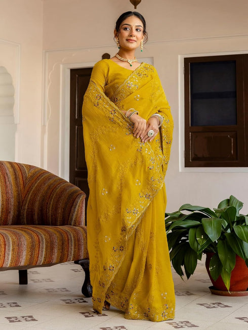 Vasthrlay Shimmer Embroidery Olive Saree