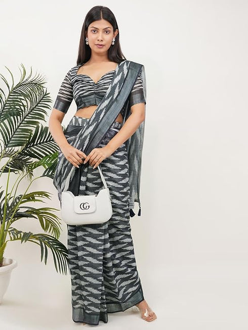Vasthrlay Womens Grey Paisley Printed Linen Saree With Unstitched Blouse Piece