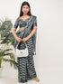 Vasthrlay Womens Grey Paisley Printed Linen Saree With Unstitched Blouse Piece