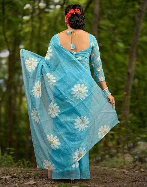 Vasthrlay Chanderi Printed Unstitched Blue Saree
