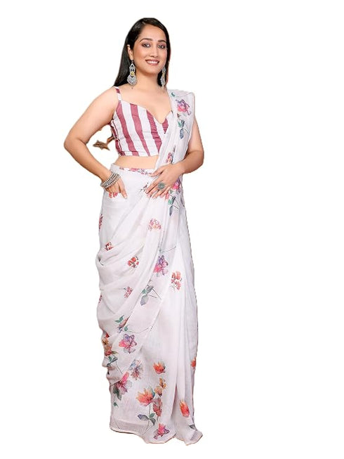 Vasthrlay White Digital Print Linen Ready To Wear Saree