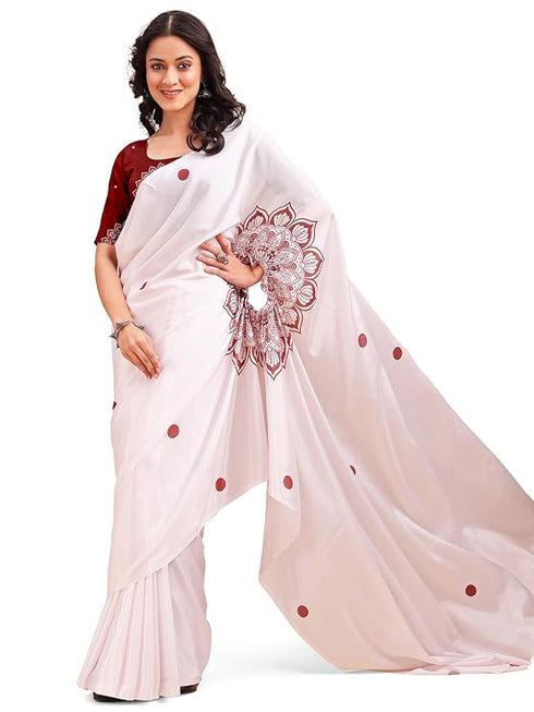 Vasthrlay Printed Kaftan Freehand Maroon-White Bollywood Satin Saree with Unsticted Blouse Piece