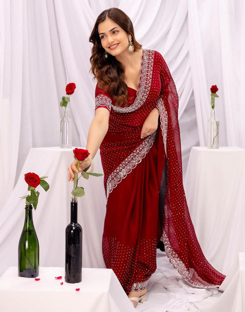 Vasthrlay Chiffon Scalloped Unstitched Maroon Saree