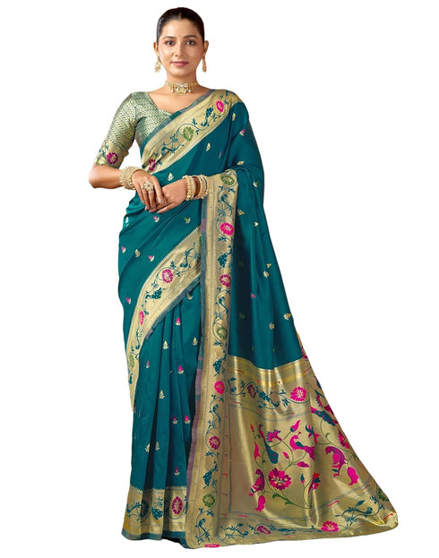 Vasthrlay Womens Paithani Unstitched Dark Green Saree