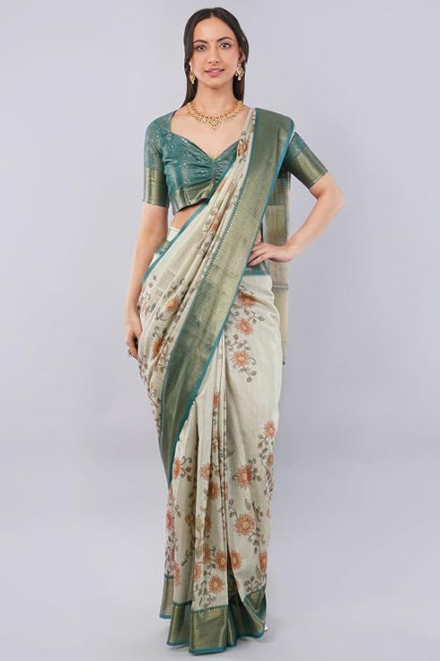 Vasthrlay Off White1 Textured Polyester Saree With Kalamkari Floral Panel| Zari Border And Unstitched Blouse Piece