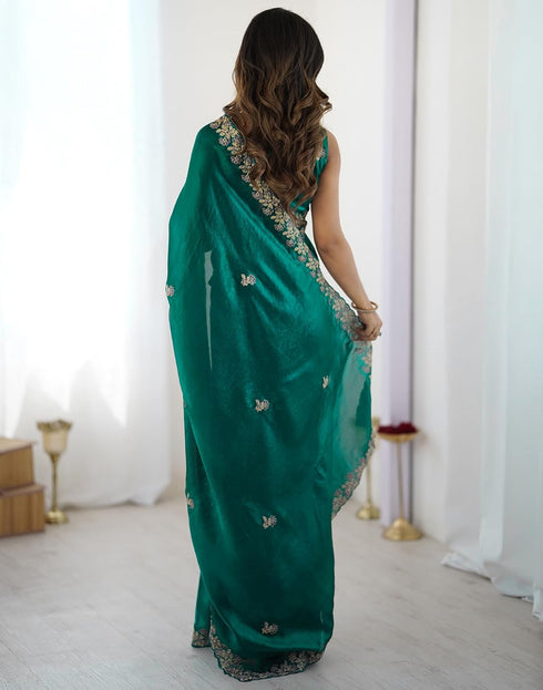 Vasthrlay Scalloped Embroidery Unstitched Rani Pink Saree