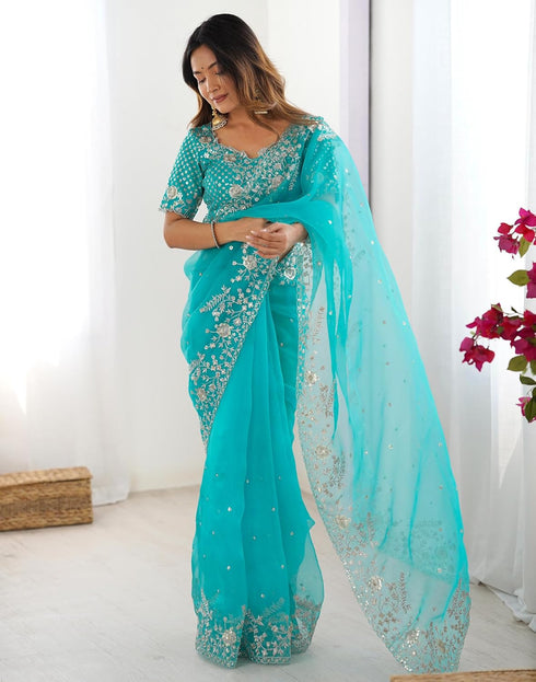 Vasthrlay Embroidery Scalloped Orange Saree