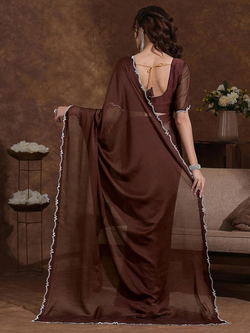 Vasthrlay Chiffon Scalloped Brown Saree