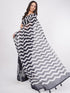 Vasthrlay Black Womens Printed Linen Saree With Unstitched Blouse Piece