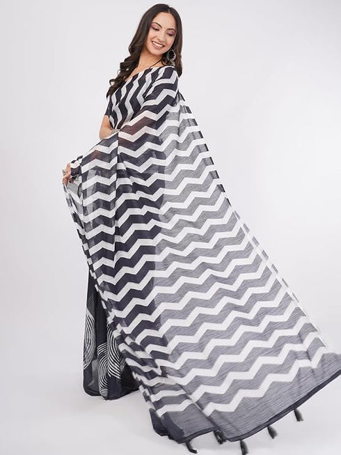 Vasthrlay Black Printed Linen Saree With Unstitched Blouse Piece