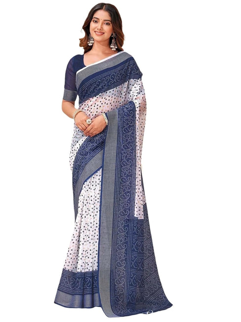 Vasthrlay Bandhani Embroidery White | Blue Saree With Unstitched Blouse Piece