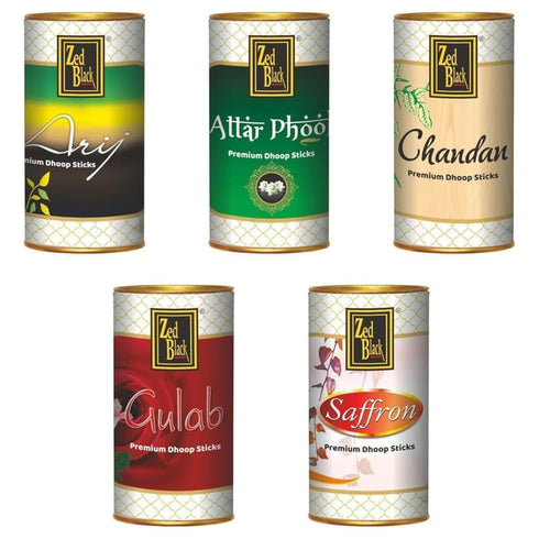 Zed Black Aroma Chandan| Gulab| Arij| Attar Phool And Saffron Incense Dhoop Sticks Tin