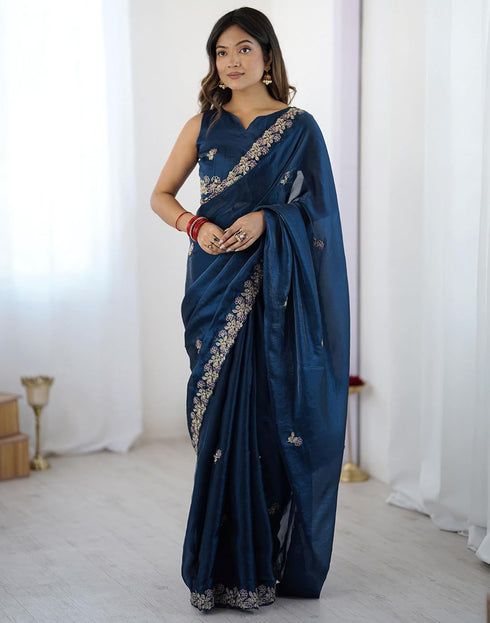 Vasthrlay Scalloped Embroidery Unstitched Rani Pink Saree