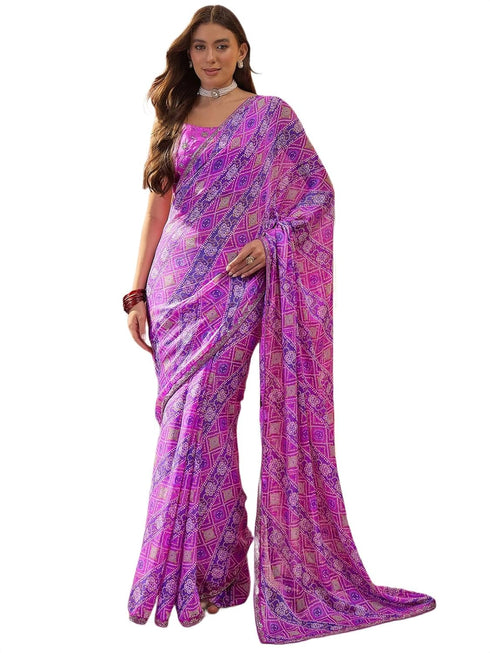 Vasthrlay Chiffon Bandhani Unstitched Purple Saree