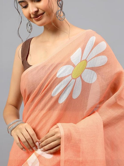 Vasthrlay Peach Linen Floral Printed Saree With Solid Unstitched Linen Blouse Piece