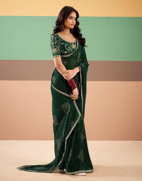 Vasthrlay Georgette Printed Embroidery Bottle Green Lace Saree With Unstitched Blouse Piece