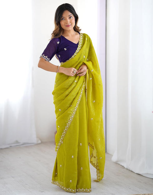 Vasthrlay Sequence Embroidery Unstitched Dark Green Saree