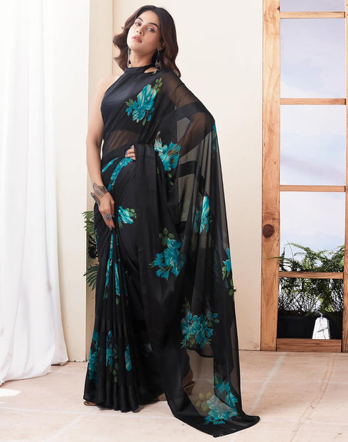 Vasthrlay Georgette Sequence Unstitched Black Saree