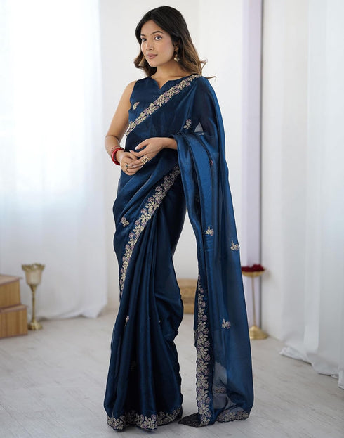 Vasthrlay Scalloped Embroidery Unstitched Rani Pink Saree