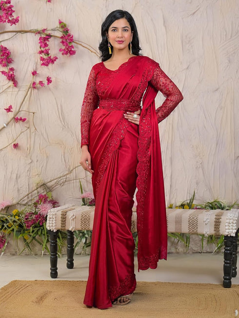 Vasthrlay Sequins Embroidery Unstitched Red Saree