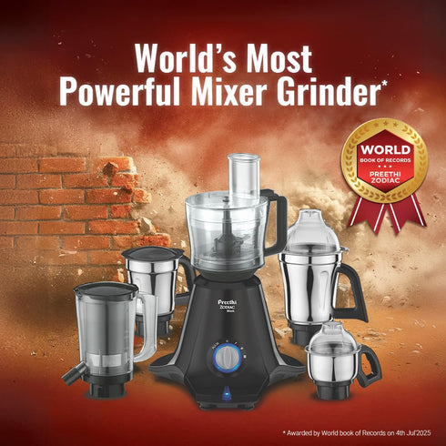 Preethi Zodiac Mixer Grinder, 5 Jars: Food Processor + 3 SS Jars + Juicer, Black