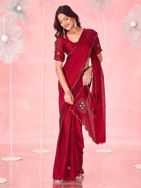 Vasthrlay Georgette Sequins Red Saree