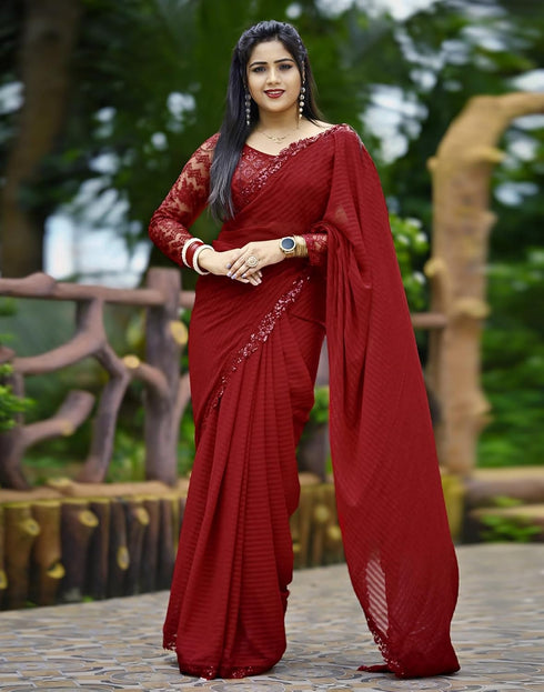 Vasthrlay Georgette Printed Unstitched Red Saree