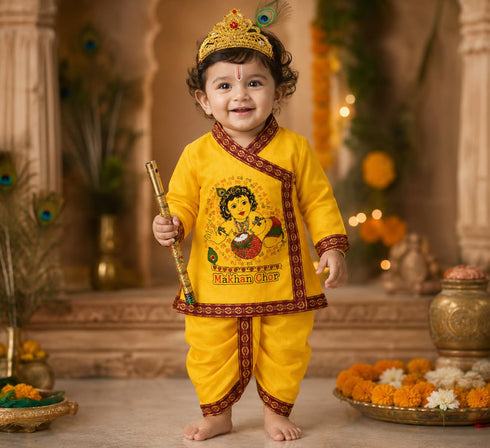 Kids Krishna Costume Dress Set, Yellow Makhan Chor Krishna Fancy Dress with Mukut