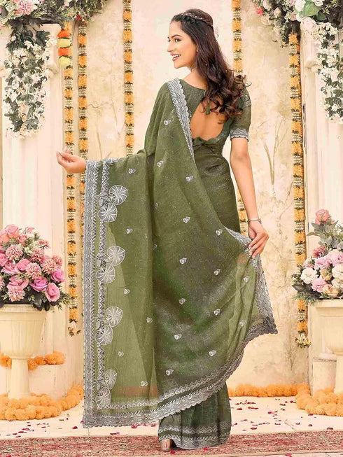 Vasthrlay Scalloped Embroidery Turquoise Saree