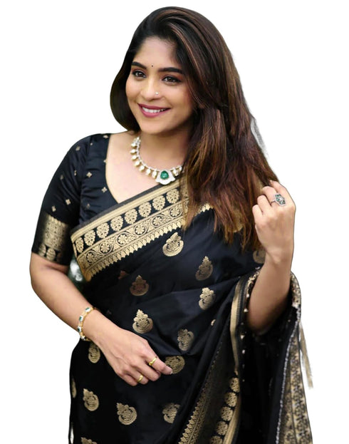 Vasthrlay Banarasi Jacquard Black And Golden Saree With Unstitched Blouse Piece