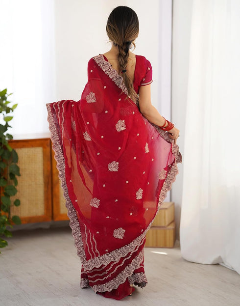 Vasthrlay Sequins Embroidery Red Saree