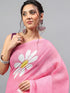 Vasthrlay Baby Pink Linen Floral Printed Saree With Solid Unstitched Linen Blouse Piece