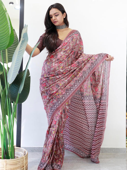 Vasthrlay Botanical Printed Unstitched Brown Smc Ethnic Wear