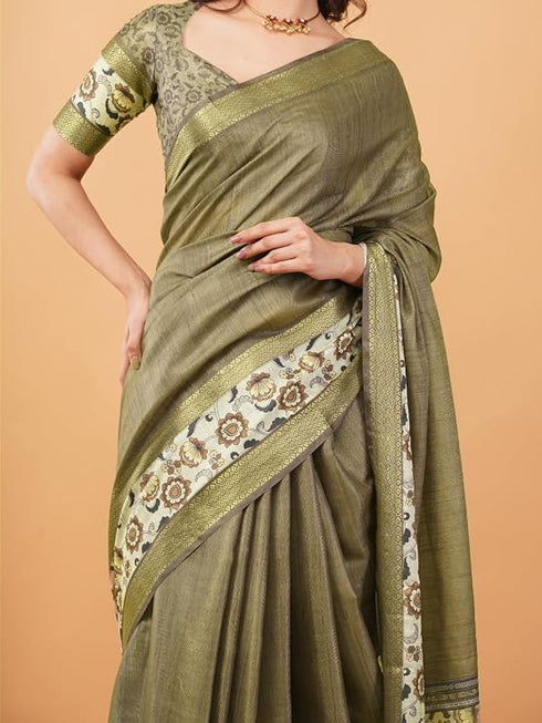 Vasthrlay Taupe Textured Polyester Saree With Kalamkari Floral Panel| Zari Border And Unstitched Blouse Piece