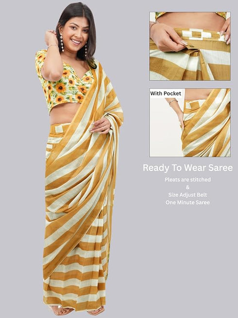 Vasthrlay Yellow Multi Print Design Linen Ready To Wear Saree