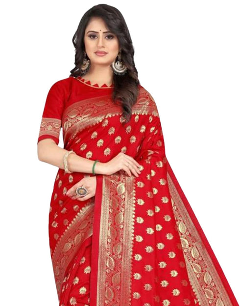 Vasthrlay Banarasi Jacquard Unstitched Red Saree