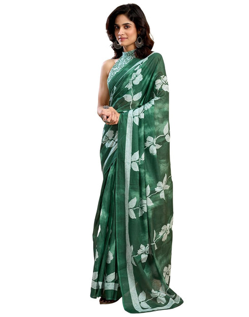 Vasthrlay Womens Printed Green Saree With Unstitched Blouse Piece