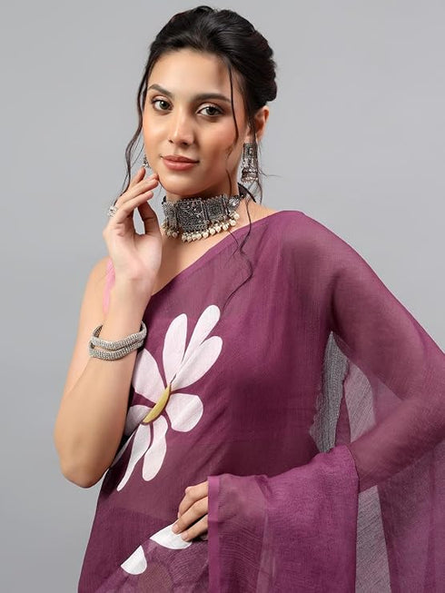 Vasthrlay Dark Purple Linen Floral Printed Saree With Solid Unstitched Linen Blouse Piece