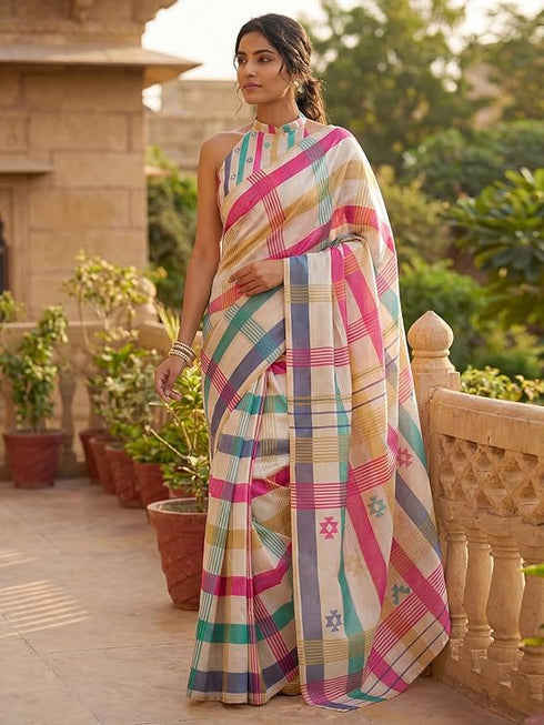 Vasthrlay Chanderi Printed Beige Saree