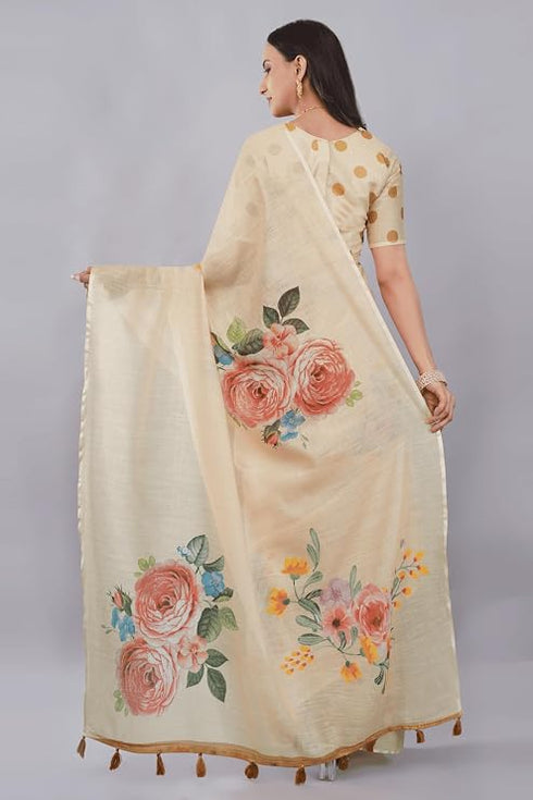 Vasthrlay Off White2 Rose Botanical Printed Linen Saree With Self Woven Border And Unstitched Blouse Piece