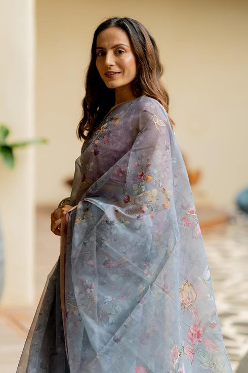 Vasthrlay Fashion Organza Printed White Ethnic Wear