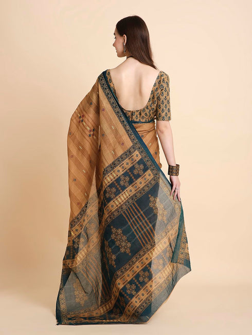 Vasthrlay Cotton Printed Mulmul Brown Saree