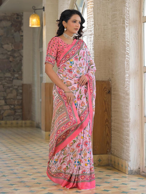 Vasthrlay Womens Printed Unstitched Baby Pink Saree