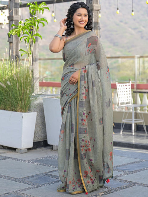 Vasthrlay Womens Printed Unstitched Light Green Saree