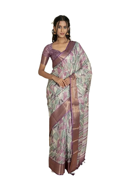 Vasthrlay Pink Geometric Print Polyester Saree With Dull Gold Zari Border And Unstitched Blouse Piece