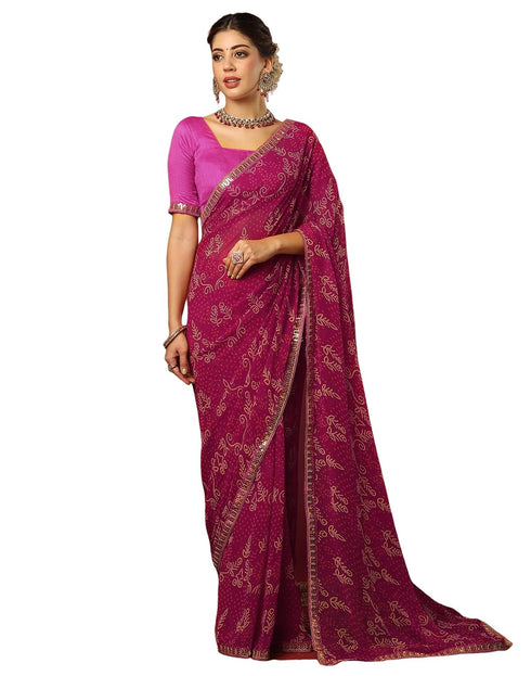 Vasthrlay Georgette Bandhani Rani Pink Saree With Unstitched Blouse Piece