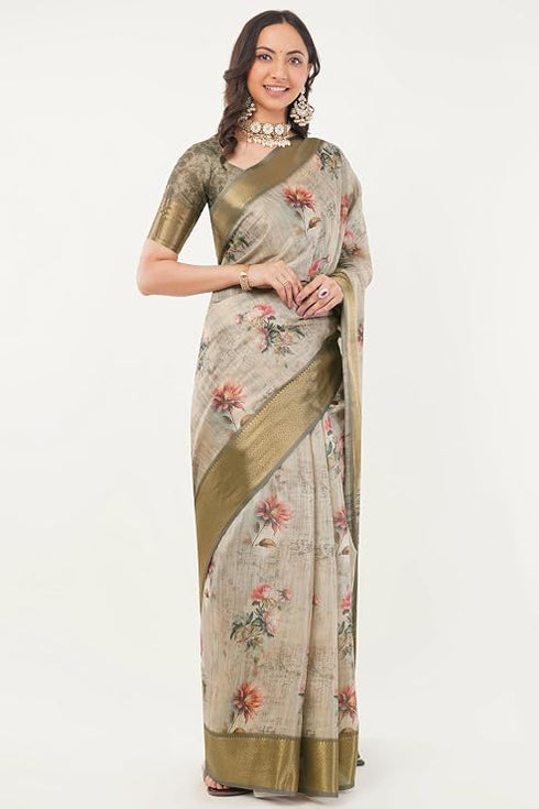 Vasthrlay Off White Textured Polyester Saree With Kalamkari Floral Border And Ruched Unstitched Blouse Piece