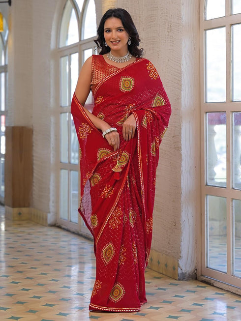 Vasthrlay Georgette Embroidery Unstitched Red Saree